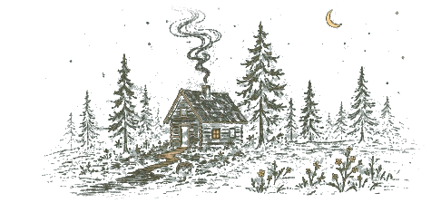 A cabin among pine trees beneath a crescent moon